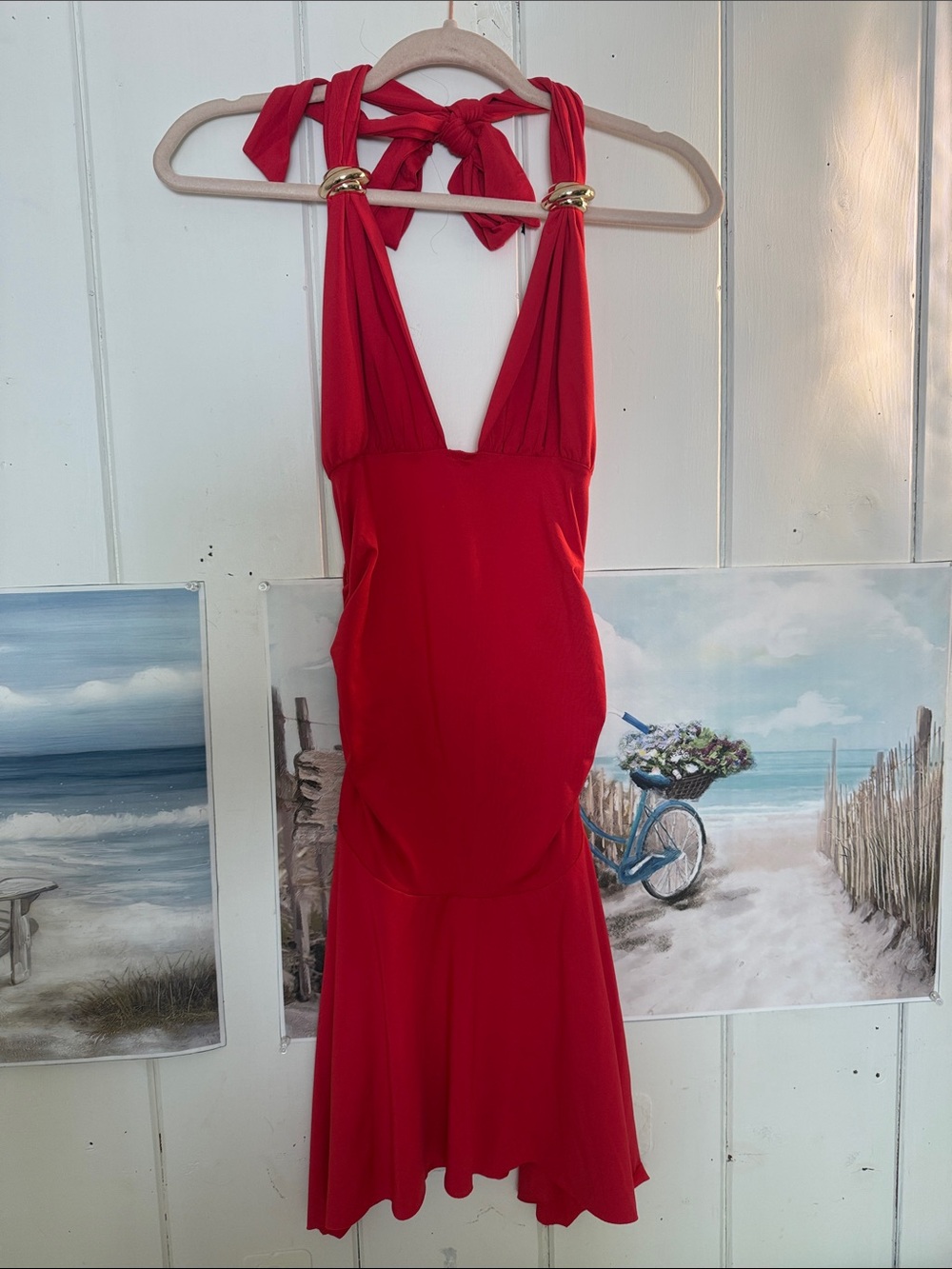 Red Halter Mermaid Dress with Gold Accent